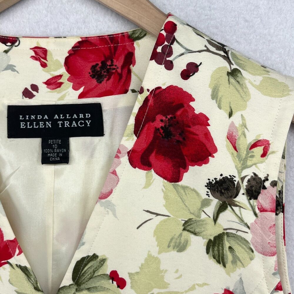 ELLEN TRACY Vest 10P Petite LINDA ALLARD Floral Button Up Waistcoat Red Vintage - Picture 8 of 12